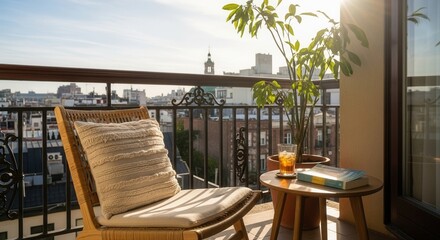 Obraz premium A sunlit balcony features a wicker chair with a cream cushion a small table holding a book and an iced drink and a potted plant all overlooking a city skyline