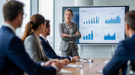 Fototapeta premium Professional female executive presenting financial data charts on a digital screen during a corporate board meeting, cinematic character sheet showcasing diverse office leadership and business 
