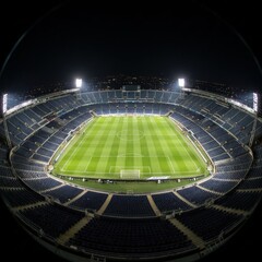 Aerial view of a star-shaped logo on a sports field at night in a large stadium