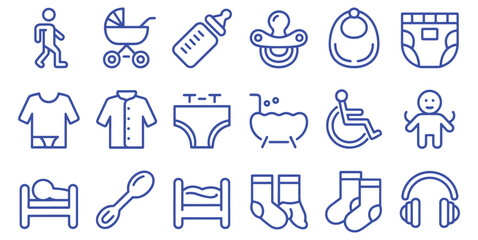 Baby Nursery Icons Set with Blue Outlines on White Background