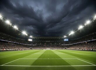 Aerial view of a star-shaped logo on a sports field at night in a large stadium