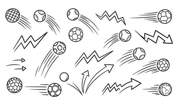 Playful doodle sport ball trajectory and bounce icon set vector