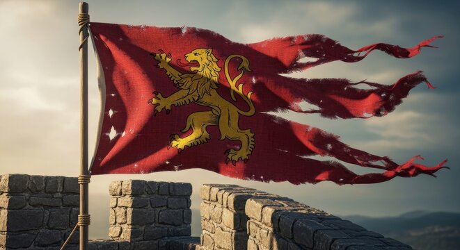 Tattered Royal Lion Flag Flying Over Stone Battlements