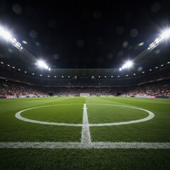 Aerial view of a star-shaped logo on a sports field at night in a large stadium