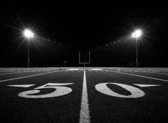 Aerial view of a star-shaped logo on a sports field at night in a large stadium