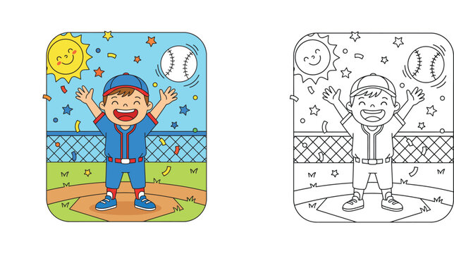 Cartoon baseball player boy cheering on the field. Vector illustration with coloring book page. Cute kid athlete character outline for children activity.