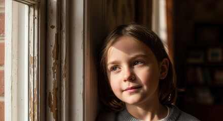 Fototapeta premium A young girl stands by an old window frame sunlight illuminating her face as she looks upwards with a slight smile The frame shows peeling paint