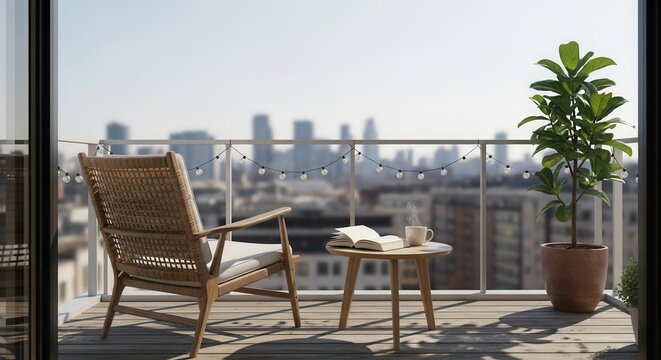 Balcony with a woven chair wooden table open book steaming mug and a potted plant adorned with string lights overlooking a city skyline