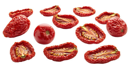 Dried red tomatoes and halved sundried tomatoes on transparent background
