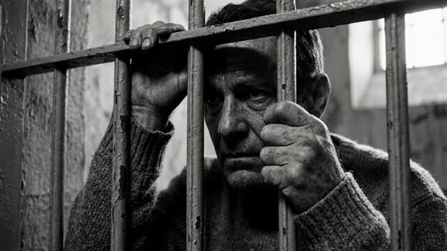 Depressed older prisoner holding jail bars in a dark cell. Black and white close-up of a sad inmate looking through iron bars. Crime, justice and incarceration concept for law projects