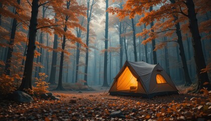 Glowing Tent with Orange Leaves in a Bright Autumn Forest. A cozy camping trip in mysterious woods in the fall.