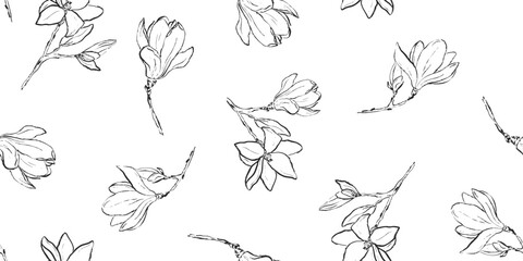 Seamless magnolia line art floral pattern, hand drawn botanical background in black and white © Anna Volkova