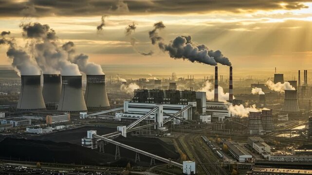 Observing Industrial Landscape with Smokestacks and Warm Sunrise Light