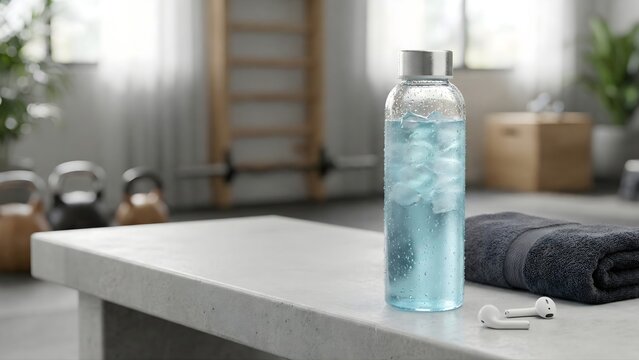 Condensation on clear glass bottle of blue electrolyte drink with ice cubes next to gym towel and wireless earbuds in sunlit fitness studio.