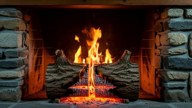 Cozy Fireplace with Burning Logs and Stone Surround.