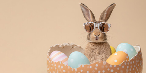 Happy Easter concept, holiday greeting card, card with German text - Easter bunny, hare, rabbit with sunglasses with Easter egg, isolated on beige background