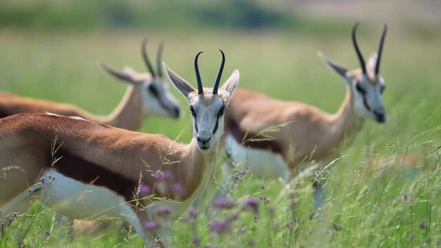Springbok grazing calmly in an open savanna, capturing natural feeding behavior and alert posture under golden daylight, a serene moment of African wildlife during a safari game drive in South Africa.