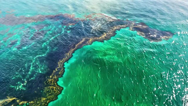 A large oil slick spreads across the ocean surface, sharply contrasting with the turquoise water. The top-down view highlights the scale of marine pollution and the vulnerability of the ocean ecosyste
