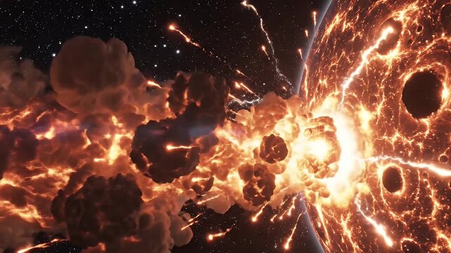Cinematic 3D animation footage of a molten planet exploding in deep space with flying asteroids and fiery debris.