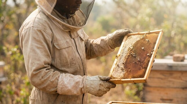 African beekeeper wearing protective suit and veil, carefully holding up a frame full of active bees and fresh honey from a hive, practicing sustainable apiculture