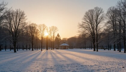 A peaceful winter park before dawn, covered in snow, with long tree shadows and sunlight