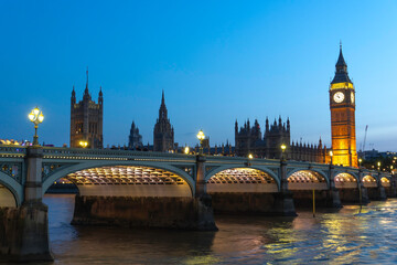 London Cityscape with Big Ben and Westminster Bridge at Blue Hour
