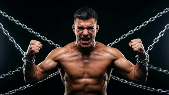Muscular man screaming with rage while struggling to break free from heavy metal chains. A powerful athlete showing immense strength and determination. Overcoming obstacles and inner conflict concept