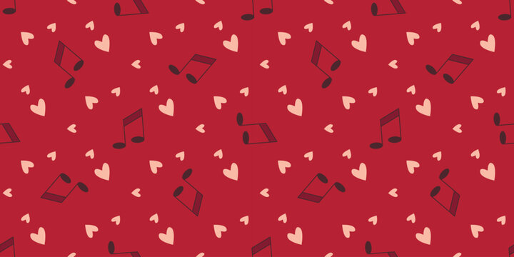 Love melody vector seamless pattern. Red background with hearts and  notes. Romantic love print for packaging, paper, fabric for weddings, holidays, Valentines Day