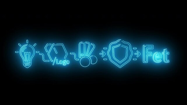 Glowing blue neon icons on a black background with a white border at the bottom.