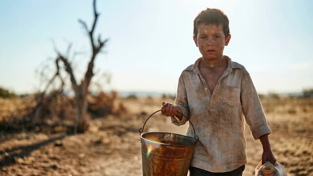 Poor dirty child boy holding rusty bucket walking in dry desert land. Sad kid suffering from drought and water scarcity crisis. Poverty and humanitarian disaster concept