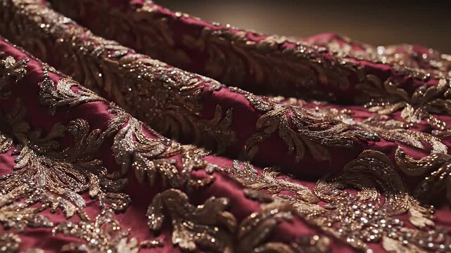 Cinematic slow motion footage panning over luxurious maroon velvet fabric with intricate gold embroidery.
