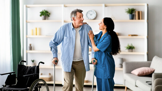 A woman with dark hair and wearing scrubs helps an older man using crutches in a well-lit living room. They share a friendly moment while surrounded by a wheelchair and home decor.