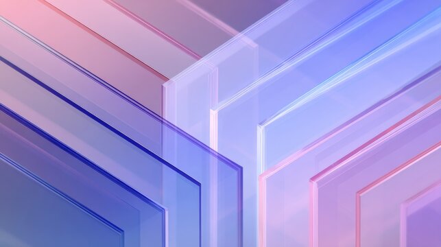 Abstract glass 3D background with crystal triangle shapes and rounded corners, blue transparent layered surface, soft purple gradient, modern geometric tech banner with linear pattern futuristic depth