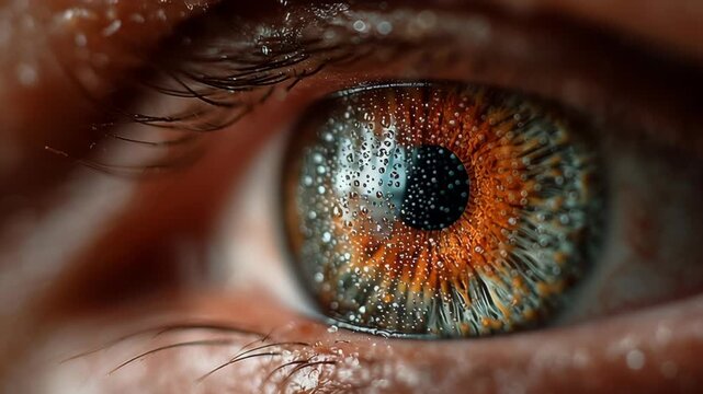 A detailed macro photograph a human eye's intricate iris pattern with water droplets adding texture and depth, symbolizing clarity, vision, and perception. ideal for themes related to sight, focus, an