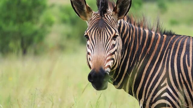 Close-up footage of a zebra grazing in the African bushveld, capturing detailed muzzle movement, grass pulling, and natural feeding behavior under golden daylight during a peaceful safari game drive.