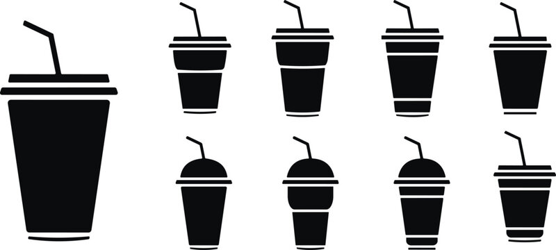 Disposable plastic coffee or tea cup with straw icon vector set. cold drink glasses collection in flat style.