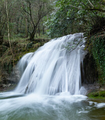 Fototapeta premium Waterfalls of the Hijuela River in Irus, in the Mena Valley. Merindades region. Burgos. Castile and León. Spain. Europe