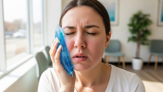 Woman with Pain Holds Cold Pack to Cheek in Bright Waiting Room.