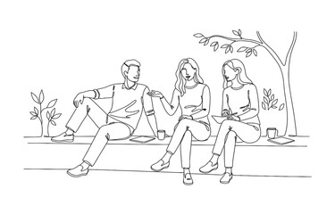 Obraz premium Group of young people sitting on ground together and talking.