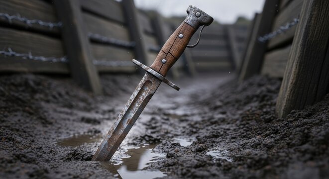 Bayonet Stuck in Muddy Trench Ground