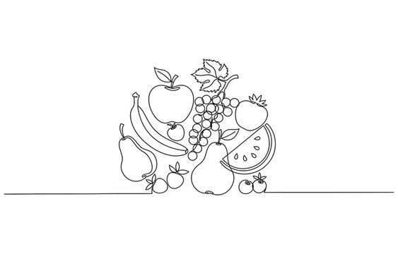Continuous one line drawing of fresh fruits.
