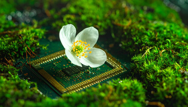 Close-Up of Green Circuit Board with Vines, Moss, and White Flower Growing from CPU Socket, Cyberpunk Solarpunk Fusion of Technology and Nature