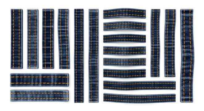 A collection of various denim fabric strips with stitching, representing texture and material