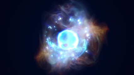 Obraz premium A glowing blue celestial sphere surrounded by swirling nebula-like clouds in deep space, emitting bright light and energy