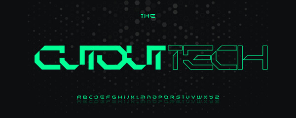 Obraz premium Cutout Tech Font Logo Alphabet Vector English Letters Set Modern Typography, Creative Typographic Design for Title Text, Typo Poster Headline, Type Symbol Logotype, Sans Serif Fonts. Vector Typeface