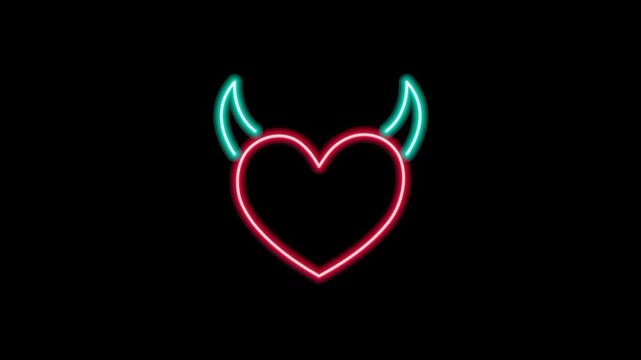 Neon heart icon with a horn of the devil. Theme for Valentine Day. Wedding, love animation 