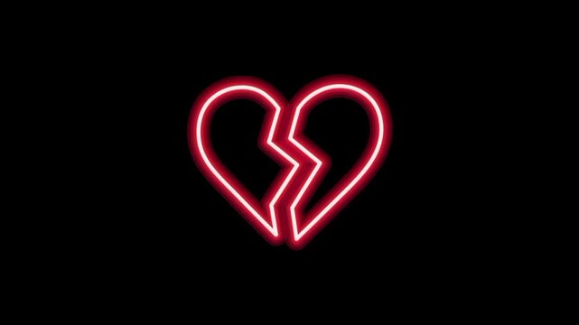 Broken heart symbol 3d icon. Sadness or breakup neon glowing animation