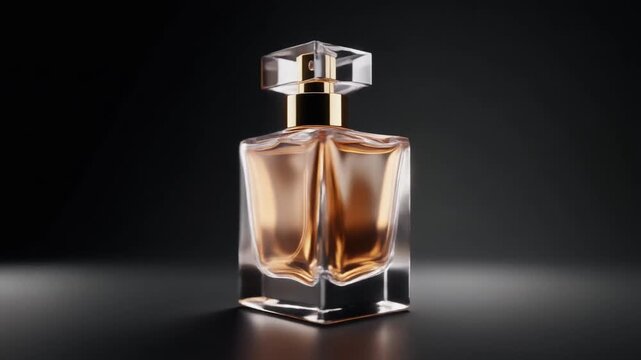 Cinematic product video of a luxury perfume bottle rotating slowly on a black background
