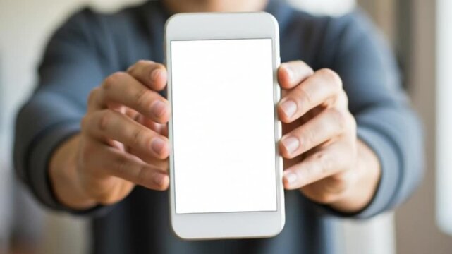 A person holding a blank white smartphone screen, showcasing the device from a frontal perspective in an indoor environment