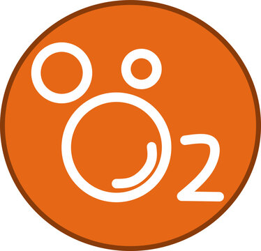 Oxygen O2 icon with stylized bubbles and lettering in white on an orange circular background, minimalist flat vector symbol for science, chemistry, and air concepts.